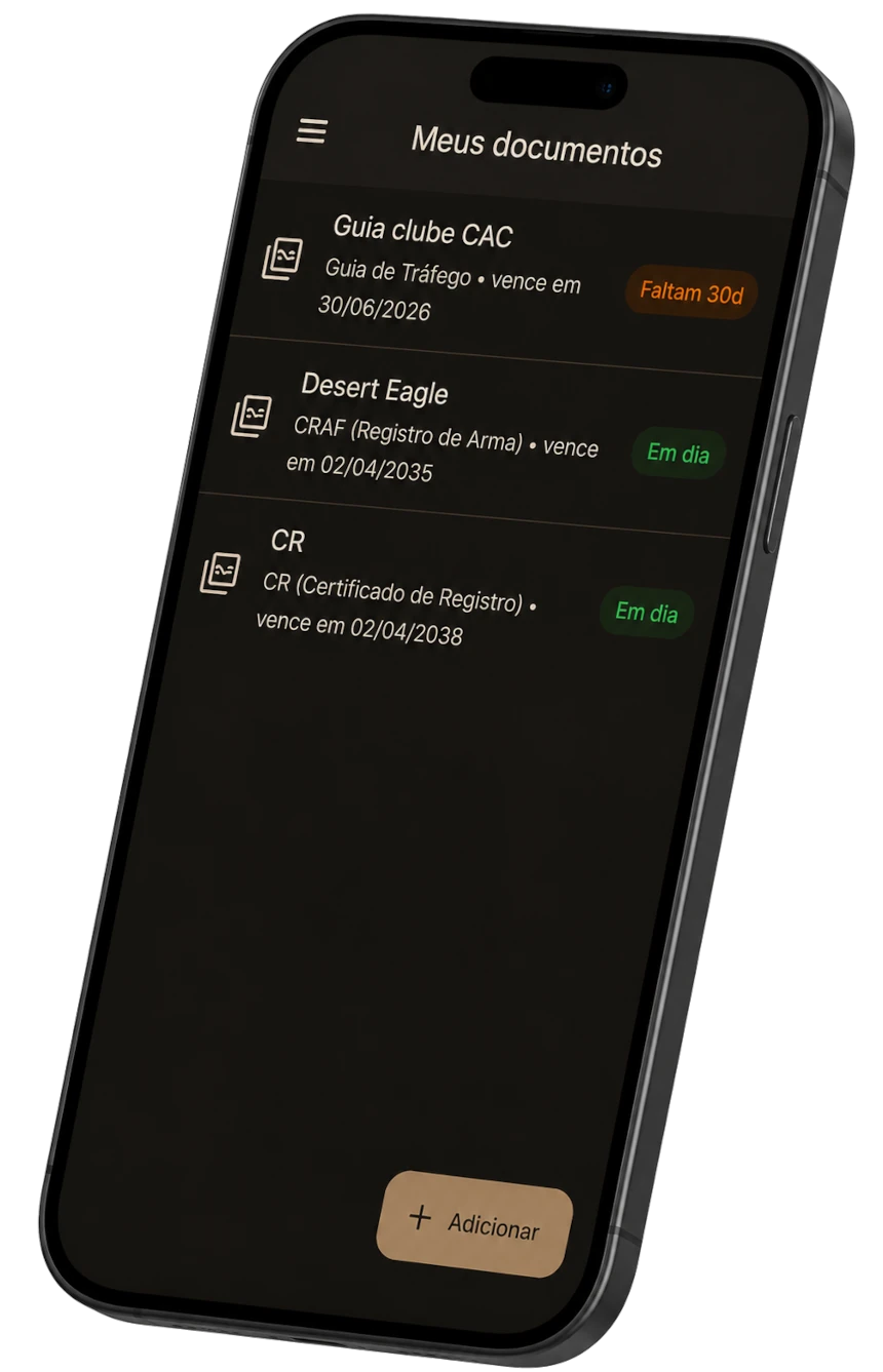 App Carteira Caqui aberto na tela de documentos do CAC, mostrando guia de clube, CRAF e
CR com seus status de vencimento